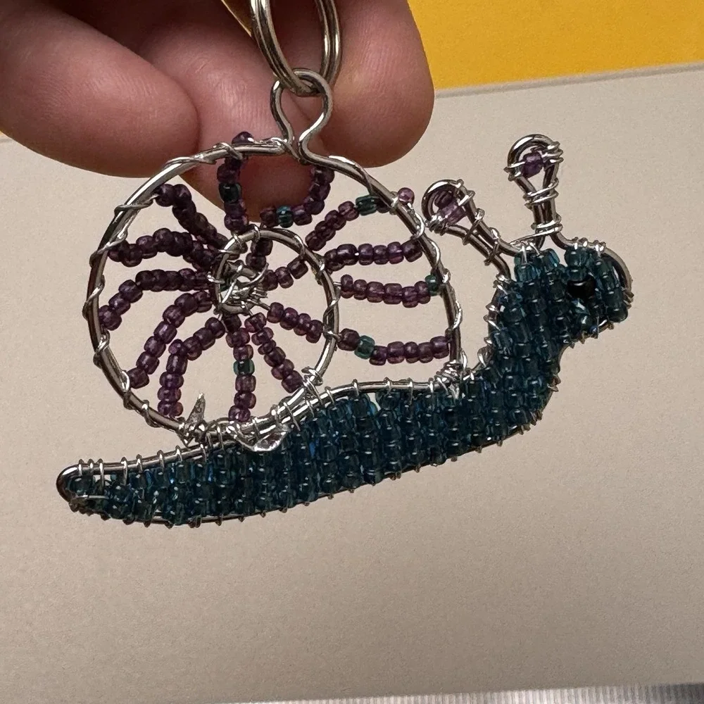 Handmade Beaded Snail Keychain Purse‎ Charm Blue Purple Wire Wrapped Art